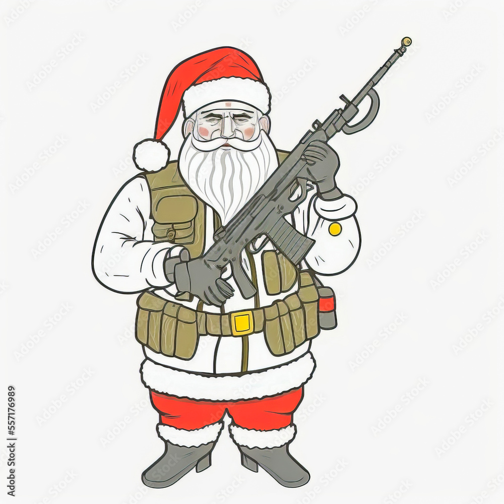 Fototapeta premium Get the perfect festive shot with this festive military Santa Claus illustration on a white background. Perfect for commercially-inspired Christmas designs.