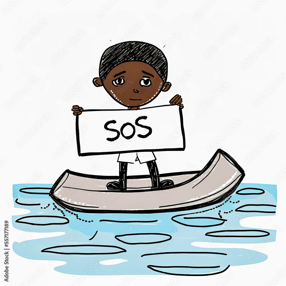 An African child stands alone on a raft, holding an SOS sign, having ...