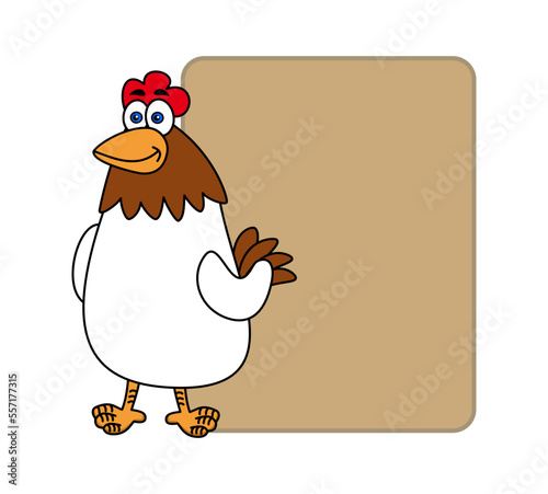 Illustration of a white farm hen with a brown billboard