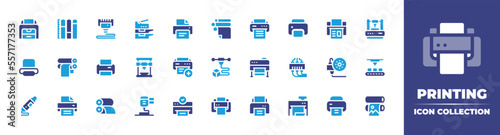 Printing icon collection. Duotone color. Vector illustration. Containing printer, ink level, d print, scanner, paper roll, printing machine, d printer, printing button interface symbol, and more. photo