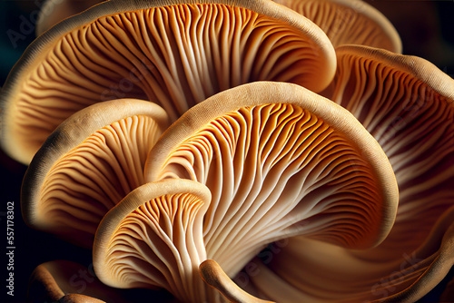 Mushroom oyster background. Spectacular mushrooms close up on a black background. Ai generated image illustration
