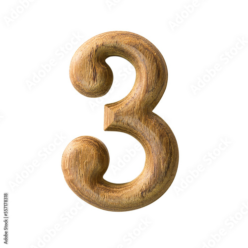 Wooden digit font of number three with textured wooden