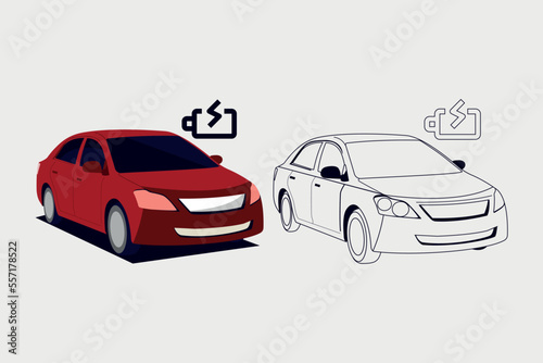 Different types of the car icon set. side view of a sedan car. battery charger.