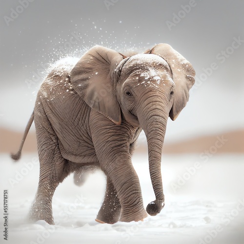 Baby elephant walks in the snow. Generative AI