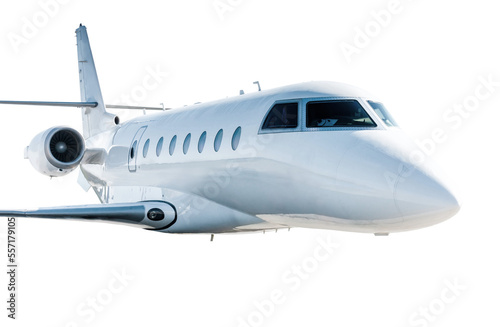 White modern luxury business jet flies isolated on transparent background