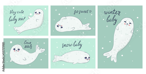 A set of postcards with cute baby seals and inscriptions. Vector graphics.