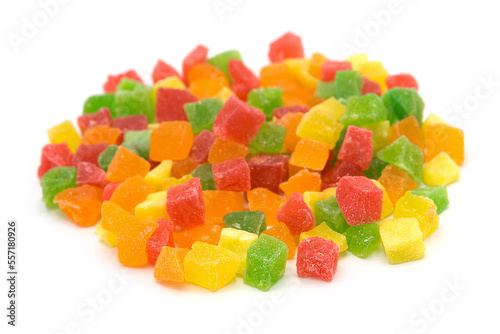 Heap of candied fruit isolated on white background. Mix of dried sweet fruits.	