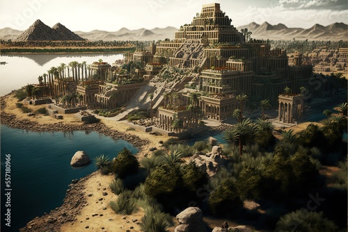 A coastal town found in babylon, persia, with a luxurious jungle and vegetation. photo