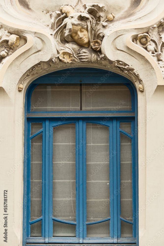 art nouveau detail on the facade of an old seaside buildings at Malo-Les-Bains beach in Dunkirk, france