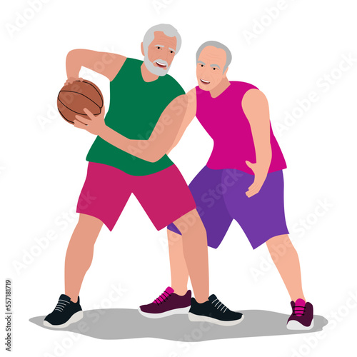 Active older men playing basketball and having fun