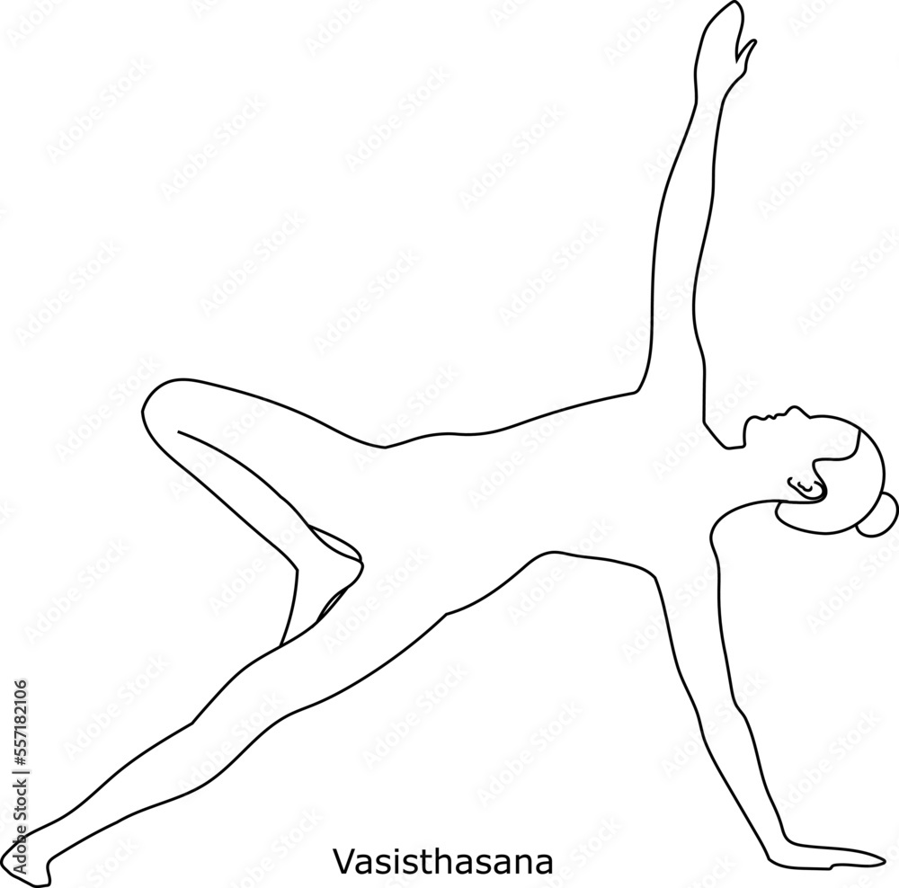 Girl doing yoga. Asana Vasisthasana. Line art in sketch style isolated on white background. Vector illustration
