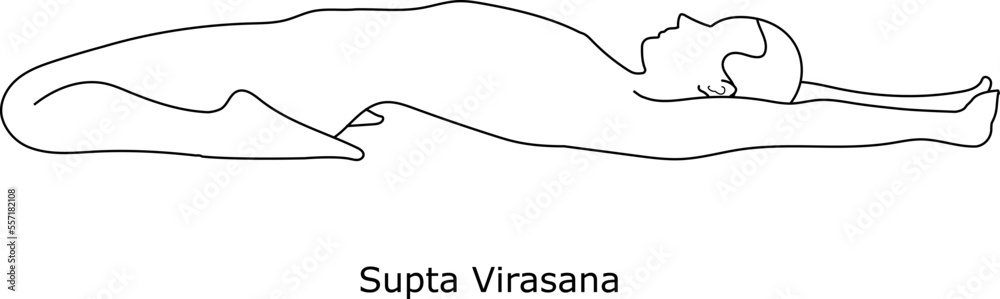 Girl doing yoga. Asana Supta Virasana. Line art in sketch style isolated on white background. Vector illustration Girl doing yoga. Asana Supta Virasana. Line art in sketch style isolated on white background. Vector illustration