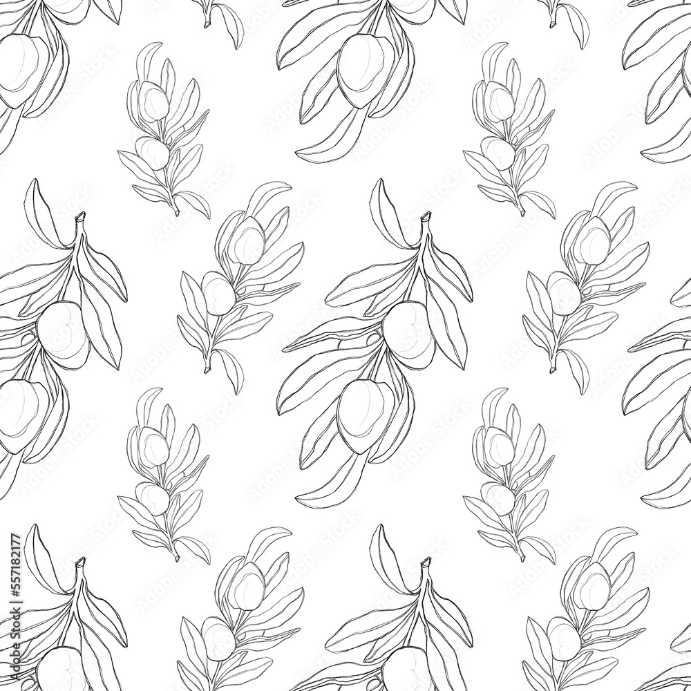 seamless floral pattern. Minimalist pattern with olive branches. Pattern for the kitchen, for textiles, for the office. Printer for wrapping paper.