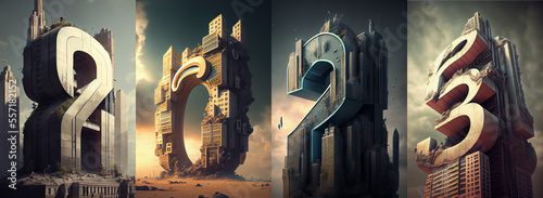 Welcome to the 2023. A giant futuristic skyscrapers in the form of the numbers 2 0 2 3, towering over the city. Polyptych. Created with Generative AI technology. photo