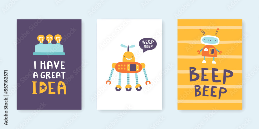 Fototapeta premium Prints set with cute robots for kids. Poster collection for nursery with doodle colorful robots. Silly vector robots.