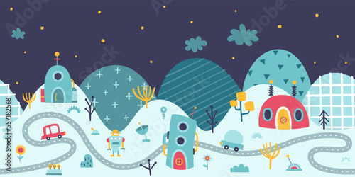 Cute robot town for kids wallpaper. Seamless bottom border with robot city and hills. Futuristic village with road.