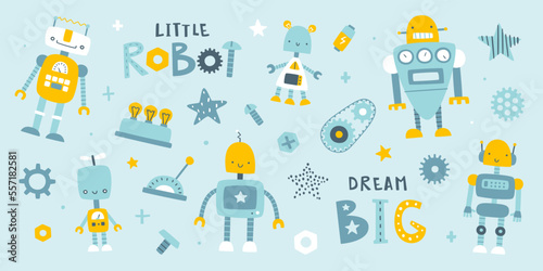 Cute robots set for kids. Cartoon robotic collection. Funny naive robots sticker bundle.