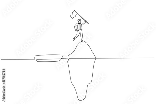 Cartoon of businessman holding flag at peak of iceberg concept of illusion. Single line art style