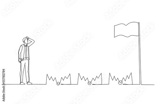 Cartoon of businessman with trap from dollar bank notes. One line style art photo