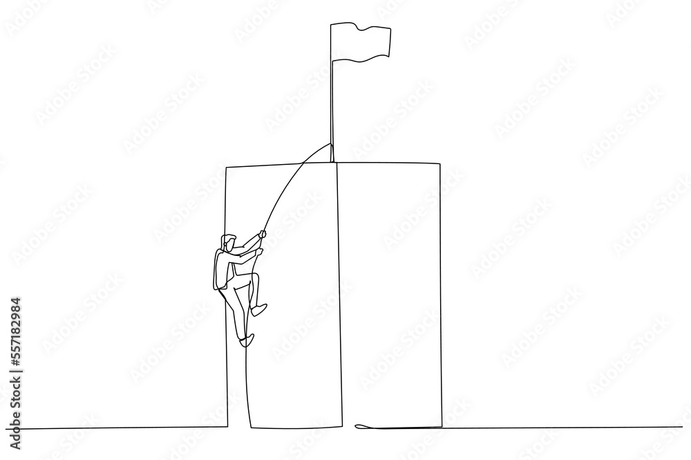 Illustration of businessman climbing a cliff on a rope concept of career growth. Single line art style Illustration of businessman climbing a cliff on a rope concept of career growth. Single line art style