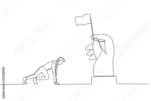 Cartoon of businessman ready to race on position waiting for flag. One line art style