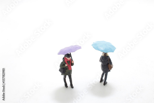 a figure lady wearing raincoat and umbrella,