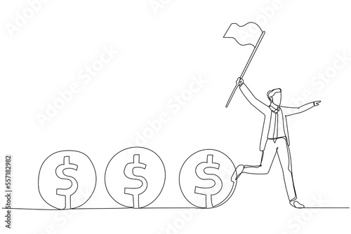 Cartoon of businessman leader holding flag control flow of money concept of cash flow. One line art style