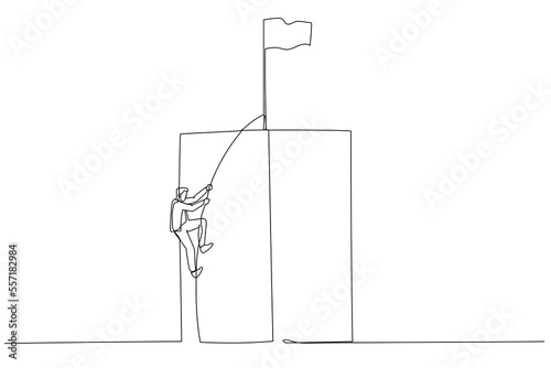 Illustration of businessman climbing a cliff on a rope concept of career growth. Single line art style