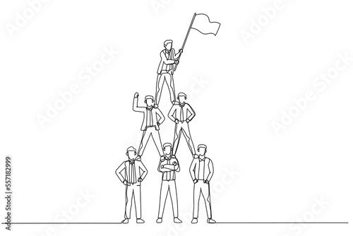 Drawing of businessman make pyramid and lead by business leader with flag. Continuous line art