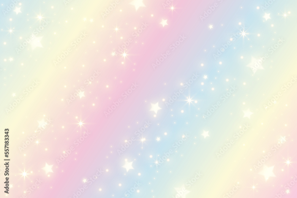 Rainbow unicorn background. Girlie princess sky with stars and sparkles. Gradient holographic pastel fantasy backdrop. Vector abstract iridescent texture.