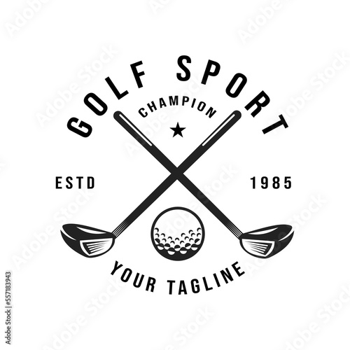Retro vintage golf, professional golf ball logo template design, golf championship, badge or icon with crossed golf clubs and ball on tee. Vector illustration. symbol, icon