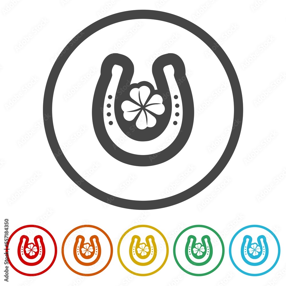 Fototapeta premium Horseshoe and clover logo. Set icons in color circle buttons