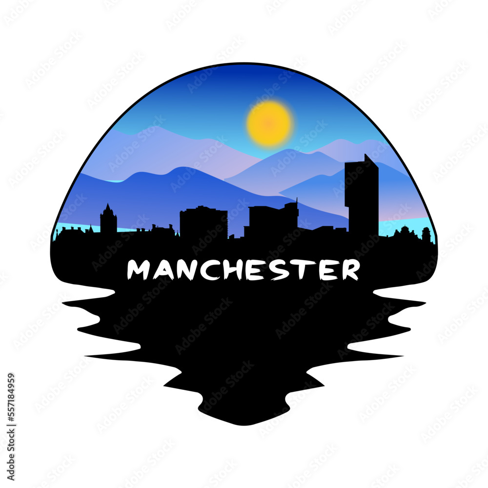 Manchester England Skyline Silhouette Retro Vintage Sunset Manchester Lover Travel Souvenir Sticker Vector Illustration SVG EPS