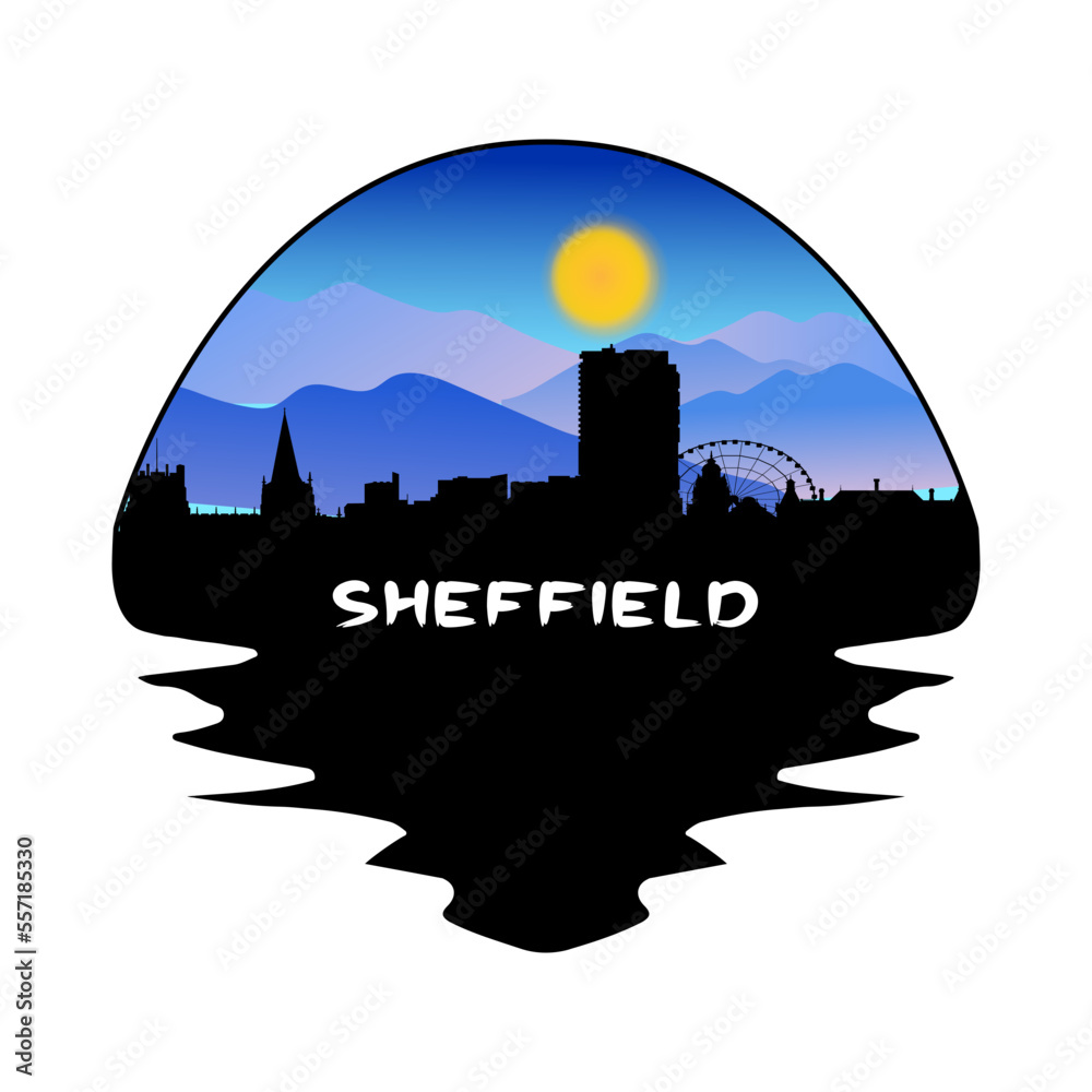Sheffield England Skyline Silhouette Retro Vintage Sunset Sheffield Lover Travel Souvenir Sticker Vector Illustration SVG EPS