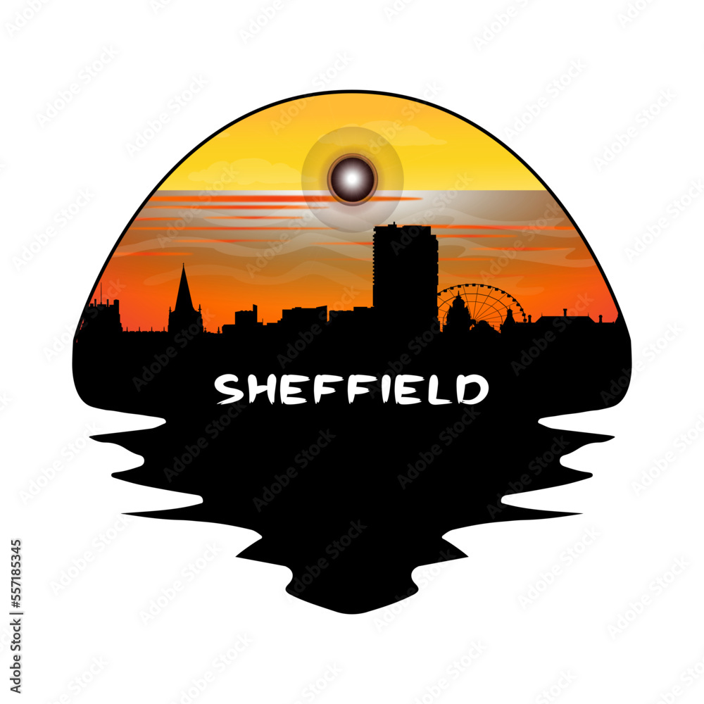 Sheffield England Skyline Silhouette Retro Vintage Sunset Sheffield Lover Travel Souvenir Sticker Vector Illustration SVG EPS
