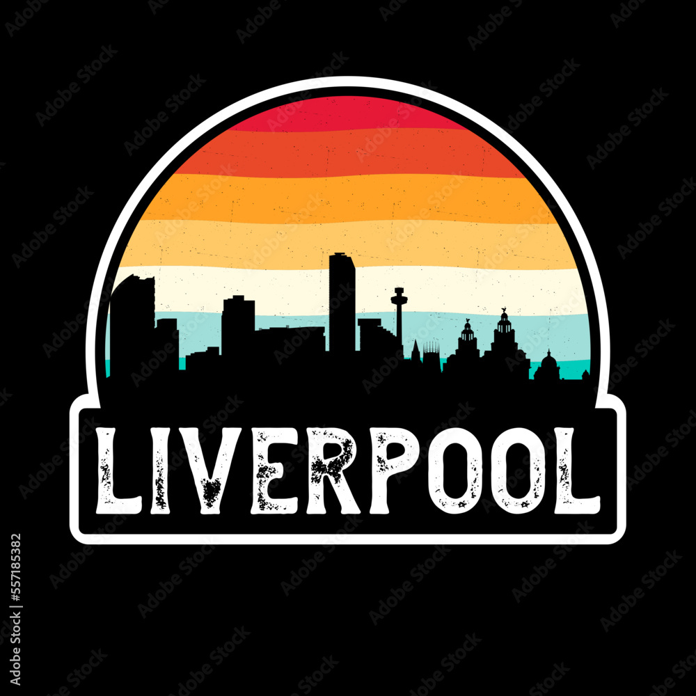 Liverpool England Skyline Silhouette Retro Vintage Sunset Liverpool Lover Travel Souvenir Sticker Vector Illustration SVG EPS