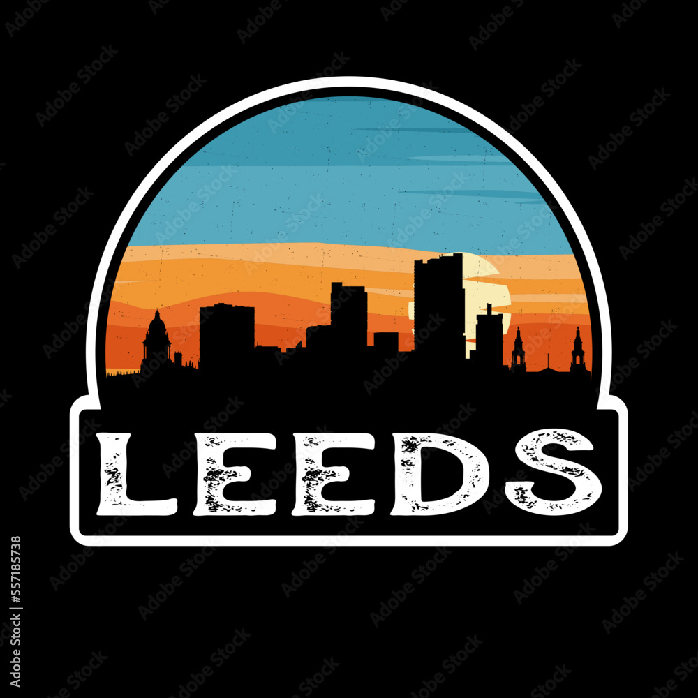Leeds England Skyline Silhouette Retro Vintage Sunset Leeds Lover Travel Souvenir Sticker Vector Illustration SVG EPS