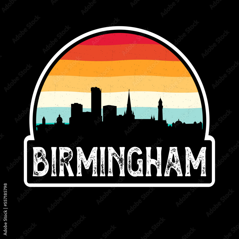 Birmingham England Skyline Silhouette Retro Vintage Sunset Birmingham Lover Travel Souvenir Sticker Vector Illustration SVG EPS