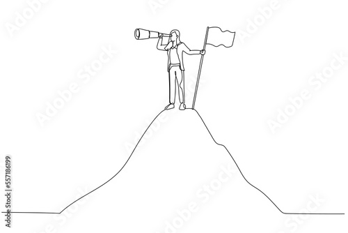 Cartoon of success businesswoman hold spyglass stand beside flag on mountain concept of opportunity. Continuous line art style