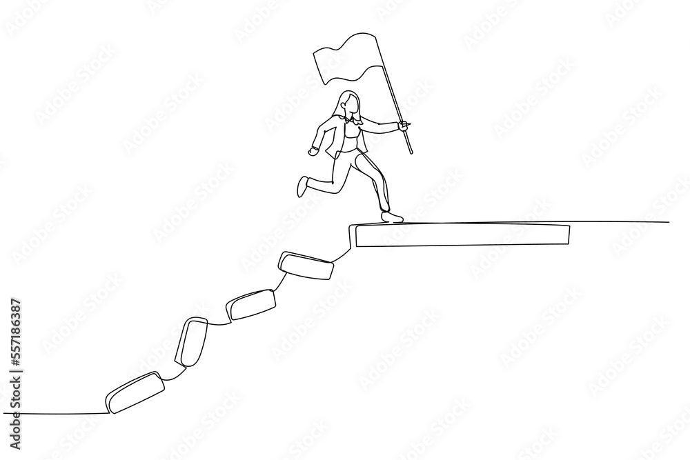 Illustration of businesswoman jumping on collapse bridge to reach target concept of survival. One line art style