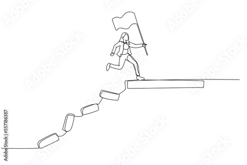 Illustration of businesswoman jumping on collapse bridge to reach target concept of survival. One line art style