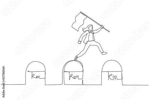 Cartoon of businesswoman holding success flag jumping on milestones reaching target concept of milestone. Continuous line art