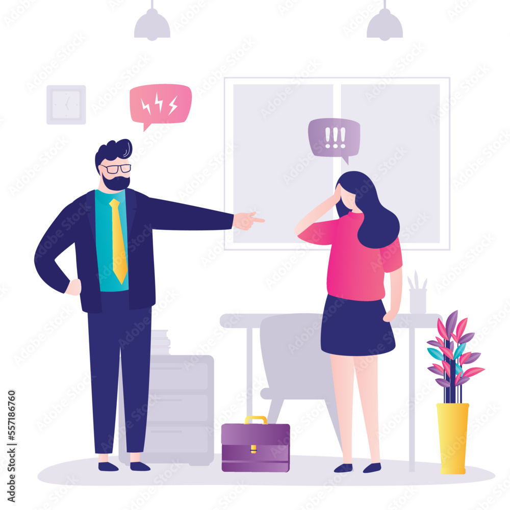 Boss is talking to female employee. Chief finger point at the staff, shifting the blame to worker woman. Subordination, hierarchy in team, teamwork, corporate slavery. Office work.