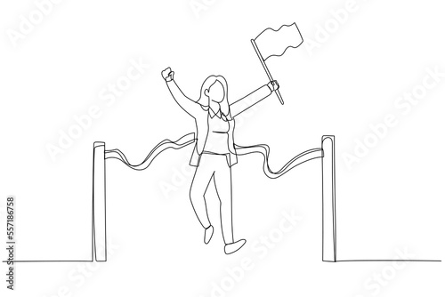 Drawing of businesswoman holding number flag first place in finish line. Single line art style