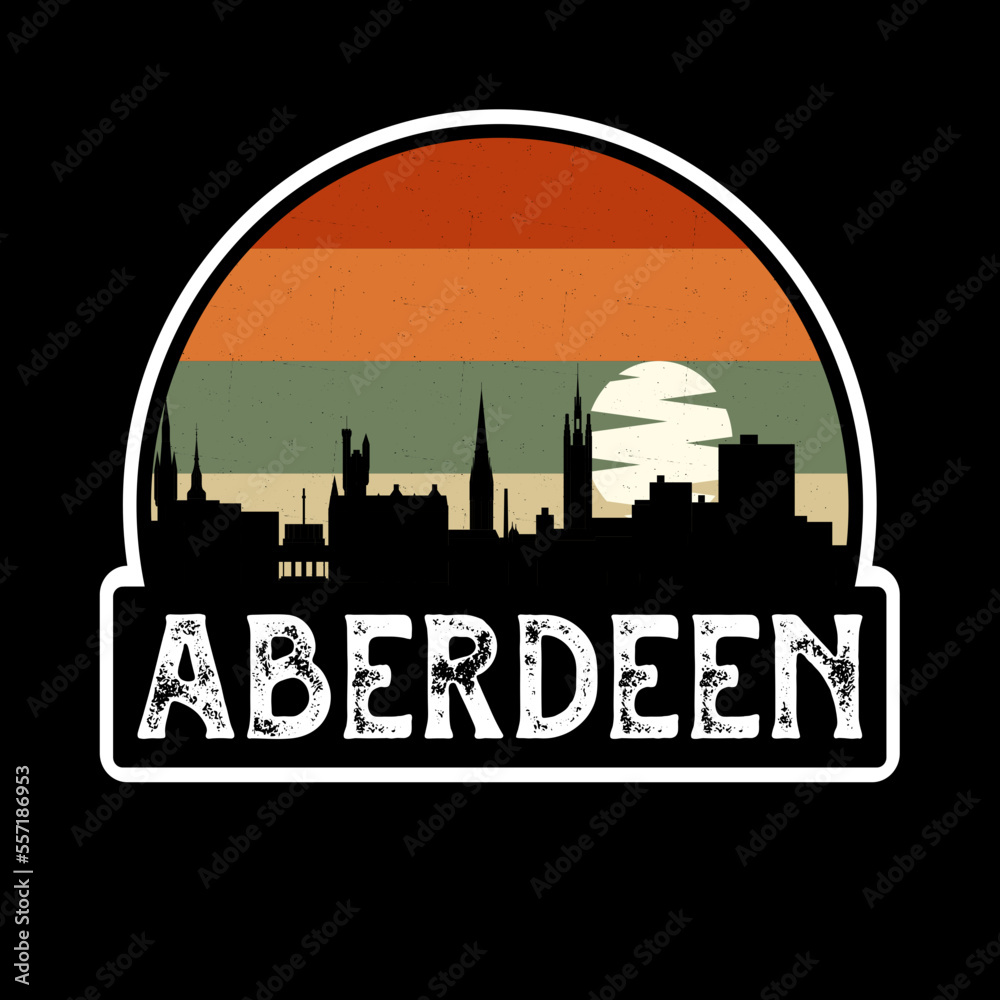 Aberdeen Scotland Skyline Silhouette Retro Vintage Sunset Aberdeen Lover Travel Souvenir Sticker Vector Illustration SVG EPS