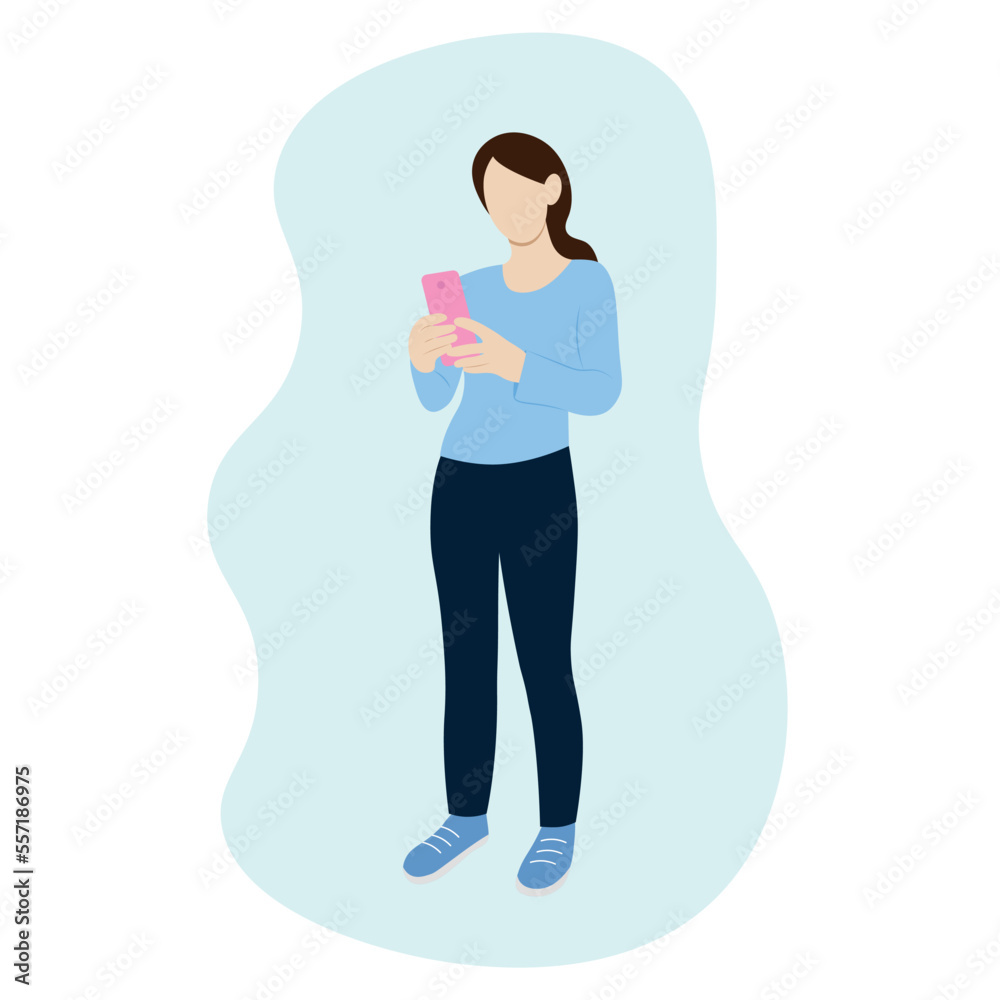 Girl in full growth with a phone in her hands, addiction to gadgets, flat vector, isolate on white, faceless illustration, phone addiction Girl in full growth with a phone in her hands, addiction to gadgets, flat vector, isolate on white, faceless illustration, phone addiction