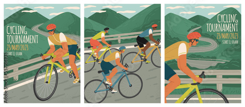 Cycling tournament posters set. Hand drawn vector illustrations of bike riders. Bicycle race on montain road. Triathlon athletes on bikes