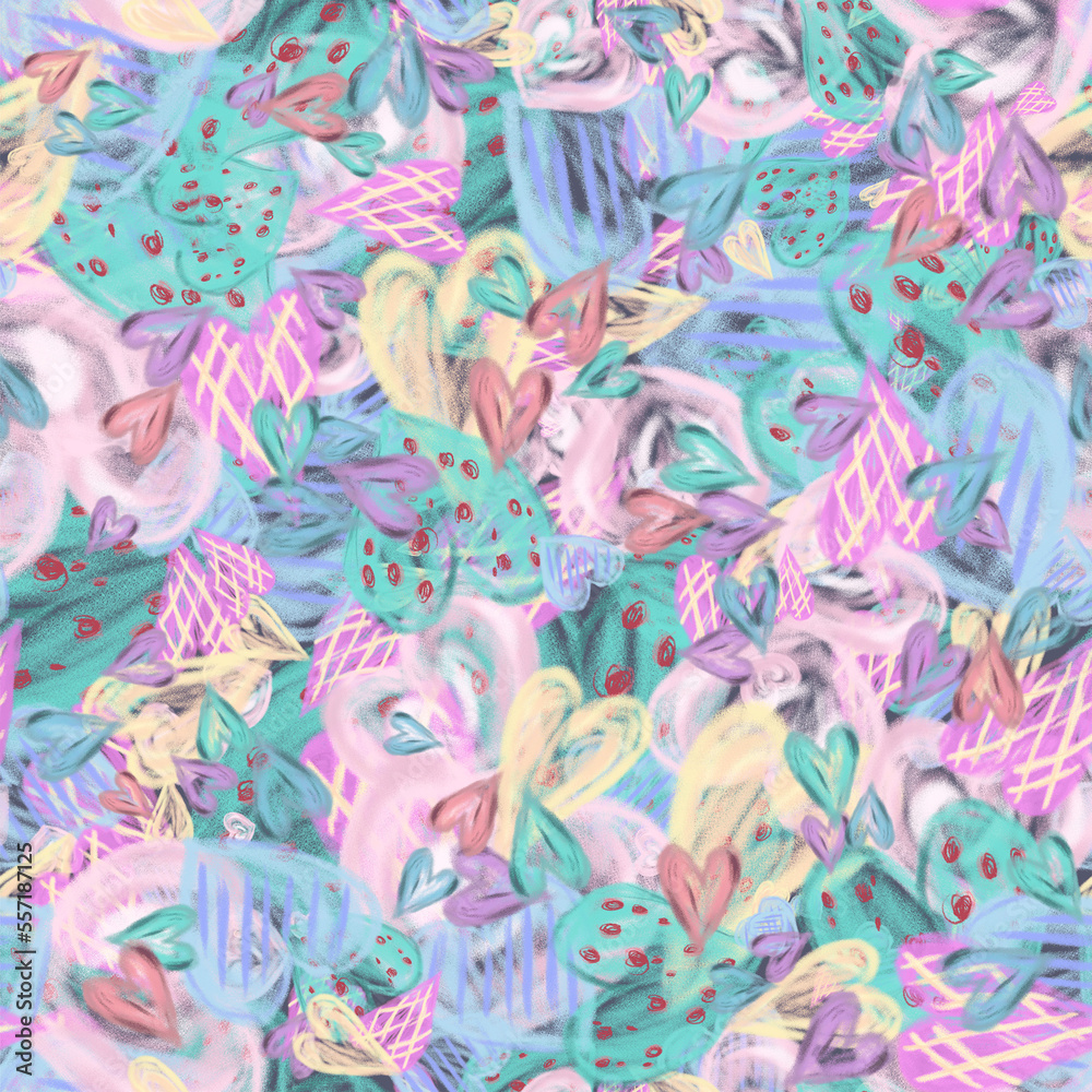 seamless pattern of crayon colorfull hearts, background completely filled of hearts