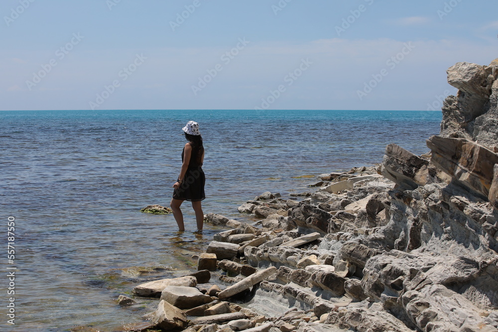 A happy person walking on the beach stands in the water and looks into the distance at the blue sea horizon A happy person walking on the beach stands in the water and looks into the distance at the blue sea horizon