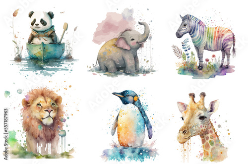 Valokuva Safari Animal set penguin, elephant, panda, giraffe, zebra, lion in watercolor style